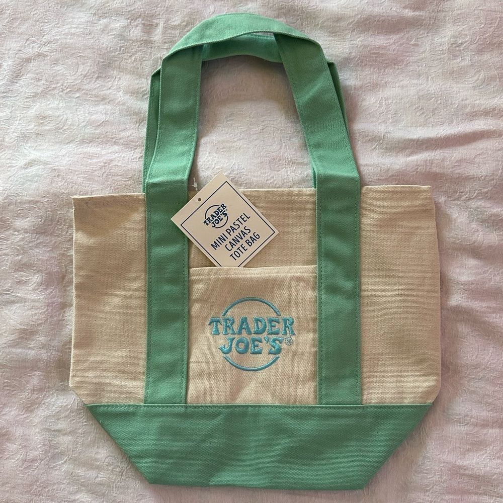 Trader Joe’s Mini Logo Tote Pastel Green Small Grocery Shopping Bag Canvas
